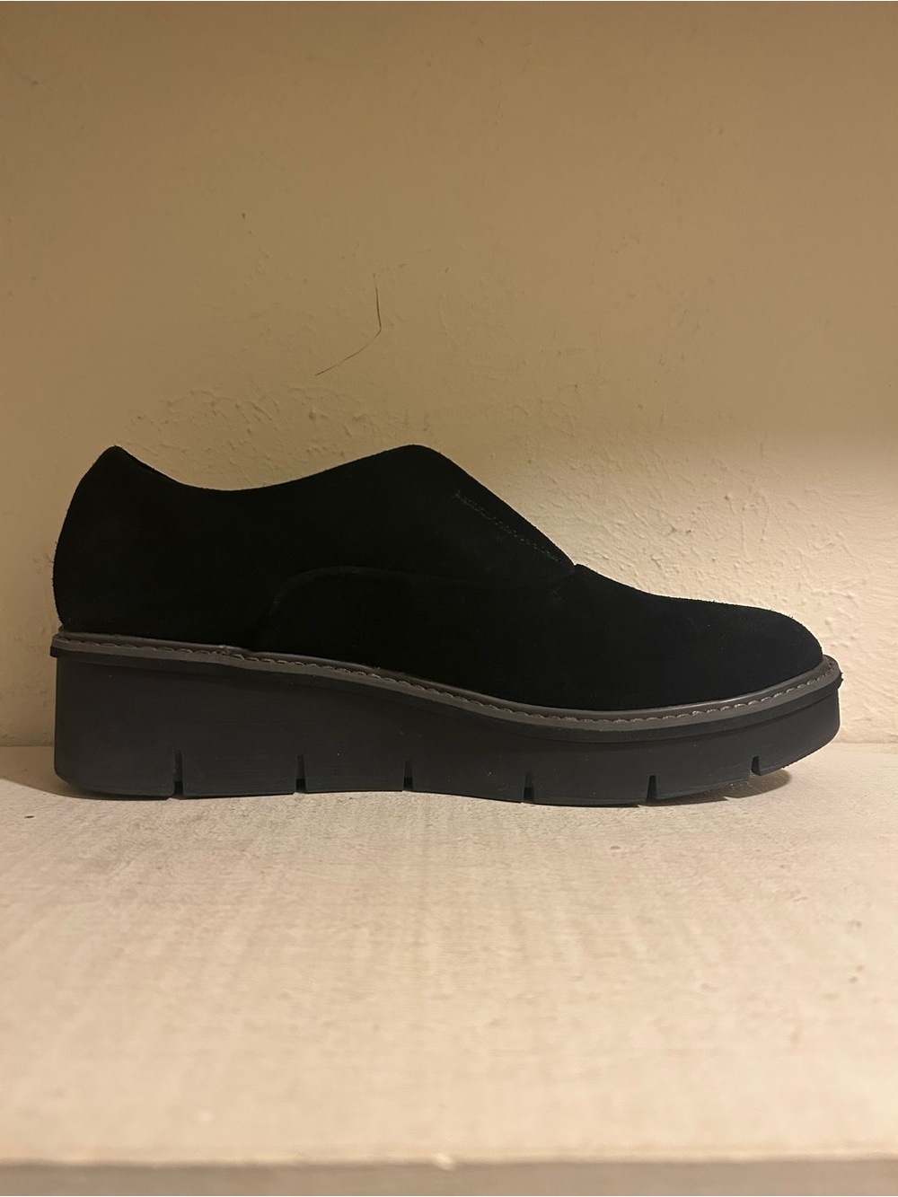 Clarks Black Suede Platform Slip-On Loafer